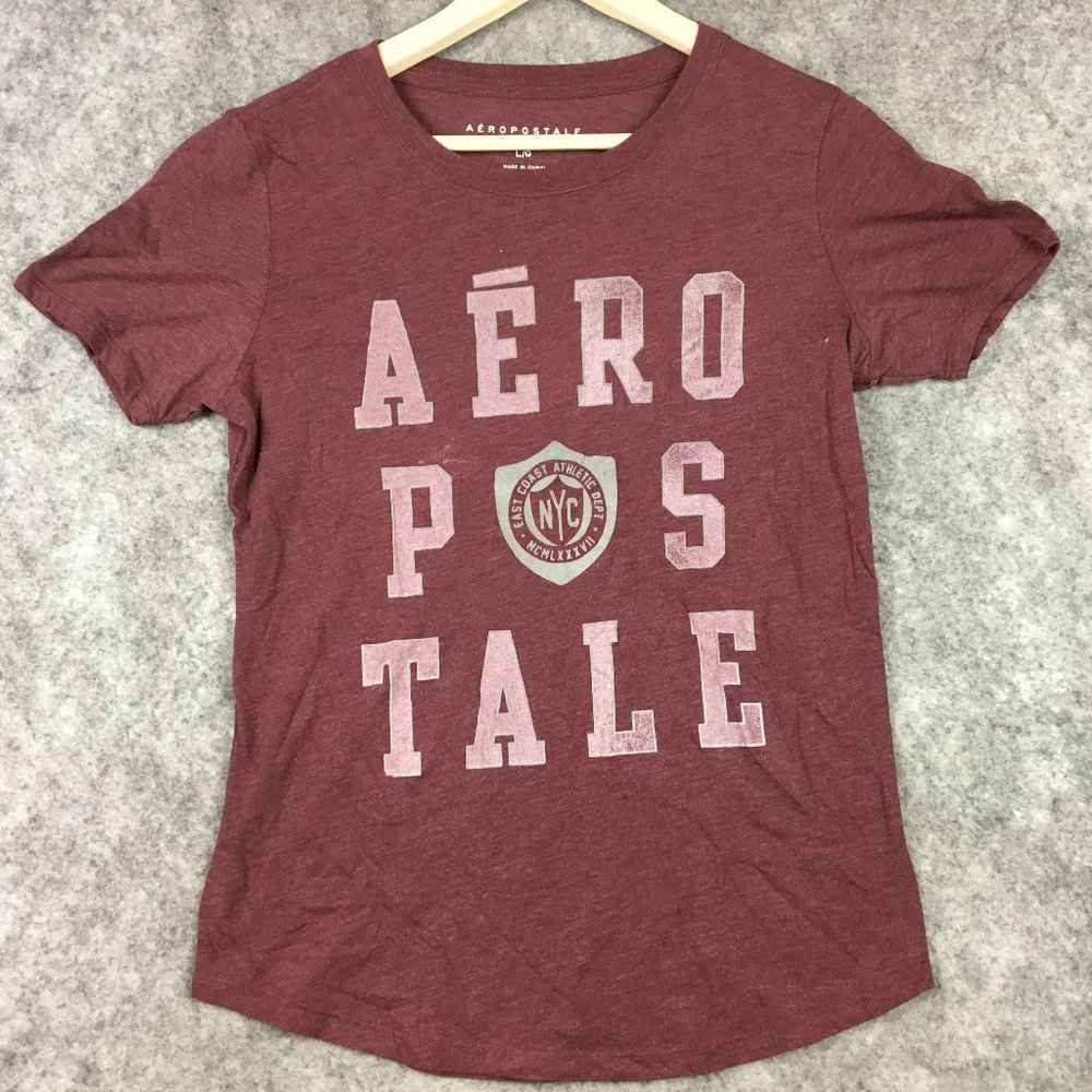 Aeropostale T Shirt L Womens Short Sleeve Large Spellout Logo Red Wine Burgundy